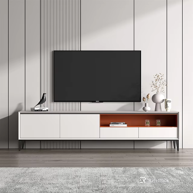 Modern TV Stand With TV Decorative Vases Storage Cabinets And Striped Wall Background 3d model 