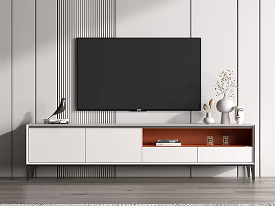 Modern TV Stand With TV Decorative Vases Storage Cabinets And Striped Wall Background 3d model