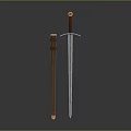 Medieval Metal Sword With Decorative Wooden Handle And Leather Scabbard