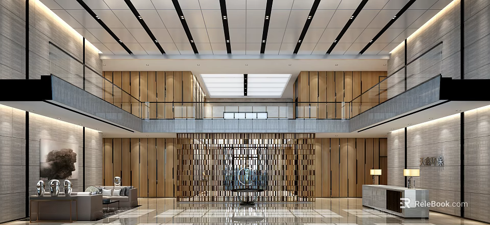 Modern Lobby Reception Desk With Wooden Walls Decorative Screen Skylight And Marble Flooring 3d model 