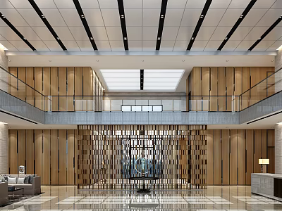 Modern Lobby Reception Desk With Wooden Walls Decorative Screen Skylight And Marble Flooring 3d model