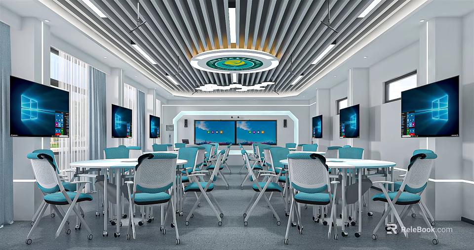 Modern School Smart Classroom With Movable Blue Chairs White Tables And Multiple Screens 3d model 