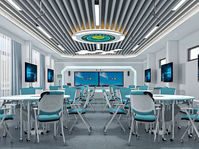 Modern School Smart Classroom With Movable Blue Chairs White Tables And Multiple Screens 3d model