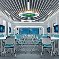 Modern School Smart Classroom With Movable Blue Chairs White Tables And Multiple Screens