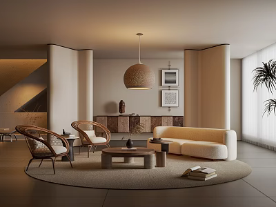 Modern Living Room Interior With Cream Sofa Wicker Chairs Coffee Table And Pendant Light 3d model