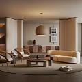 Modern Living Room Interior With Cream Sofa Wicker Chairs Coffee Table And Pendant Light