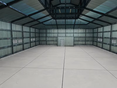 Spacious Industrial Warehouse Interior Featuring Metal Frames Glass Roof Gray Walls And Concrete Floor 3d model
