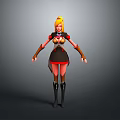 Woman With Blonde Hair In Red And Black Outfit Standing In 3D Model Pose