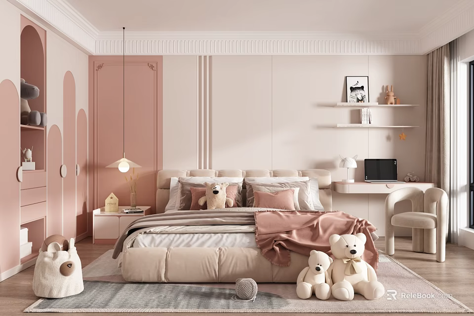 Pastel Pink Beige Kids Room With Arched Details Upholstered Bed Stuffed Teddy Bears Desk Rug 3d model 