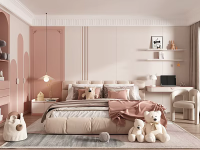Pastel Pink Beige Kids Room With Arched Details Upholstered Bed Stuffed Teddy Bears Desk Rug 3d model