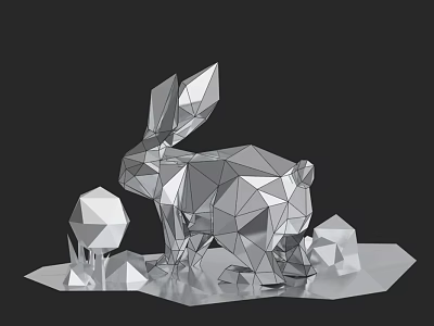 Geometric Rabbit Sculpture With Low Poly Design Metallic Silver Finish And Surrounding Elements 3d model