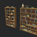 Wooden Bookcases with Multiple Shelves Filled with Books and Decorative Items Skull Vase Stacked Books