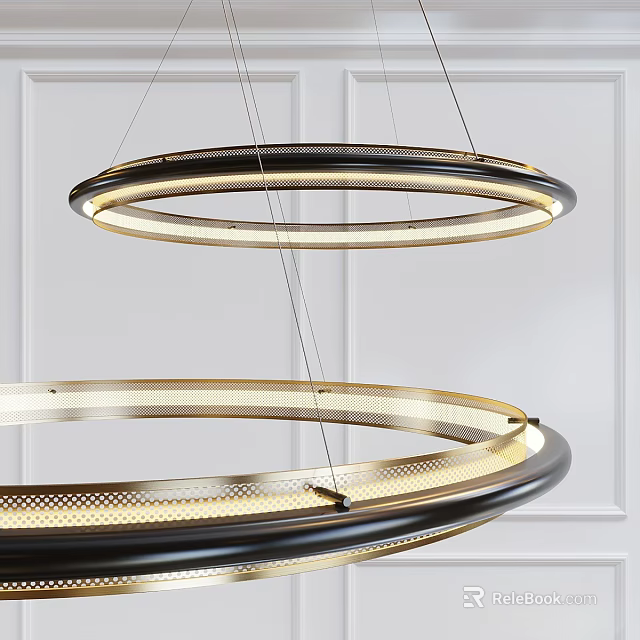 Modern Double Ring Chandelier with Gold Black Frame and LED Light on White Wall 3d model 