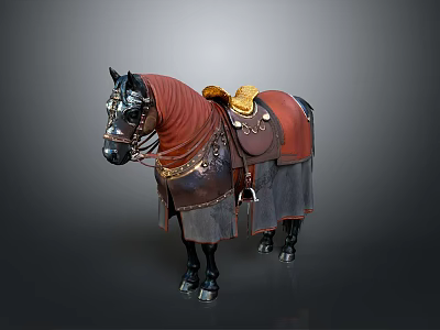 Military Horse With Red Cover Yellow Saddle And Leather Gear Details 3d model