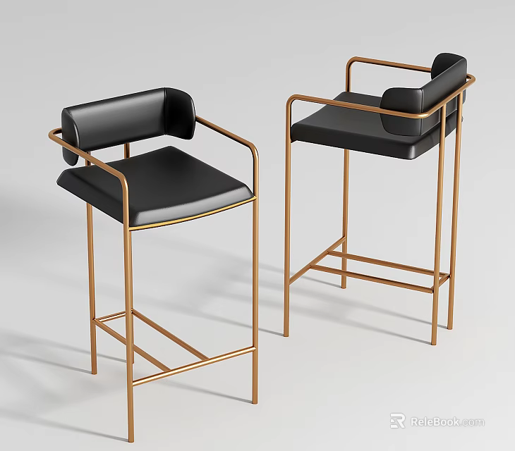 Modern Bar Stools With Black Seats And Gold Metal Frames Design 3d model