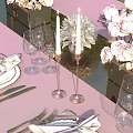 Elegant Decorative Ornament Set With Copper Candle Holders White Candles Pink Flowers On Purple Tablecloth
