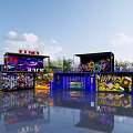 Creative Container Area Featuring Vibrant Graffiti Stairs And Reflective Outdoor Floor 3d model