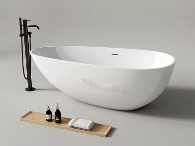 Modern Freestanding White Oval Bathtub With Black Faucet Wooden Tray Bath Products And Towels 3d model