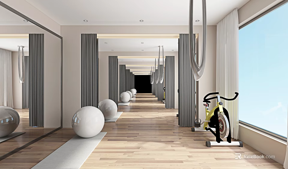 Spacious Indoor Fitness Studio With Wooden Flooring Mirrors Yoga Balls And Exercise Bike 3d model 