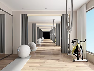 Spacious Indoor Fitness Studio With Wooden Flooring Mirrors Yoga Balls And Exercise Bike 3d model