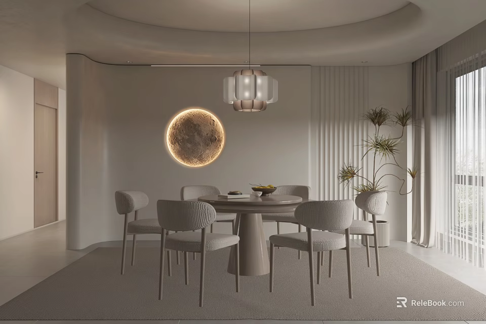 Elegant Modern Restaurant Interior With Round Wall Decor Pendant Lamp Dining Table And Chairs 3d model