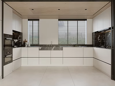 Modern Kitchen Interior Design With White Cabinets Marble Countertops And Window Blinds 3d model