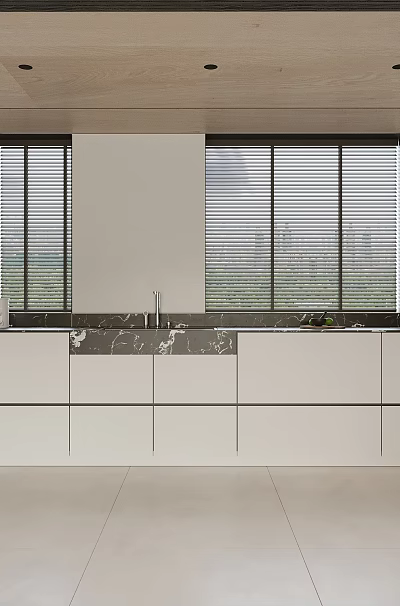 Modern Kitchen Interior Design With White Cabinets Marble Countertops And Window Blinds 3d model