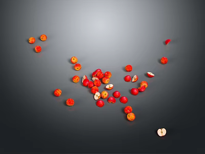 Red And Orange Small Fruits Scattered On Black Background With Sliced Ones Showing Seeds 3d model
