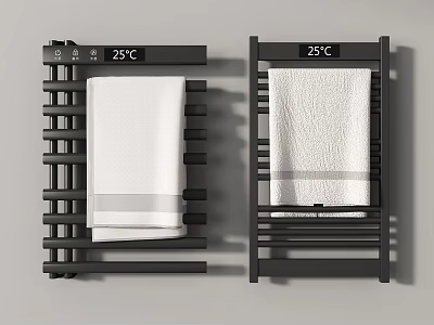 Black Heated Towel Rails With White Towels And Temperature Display 25C Bathroom Accessories 3d model