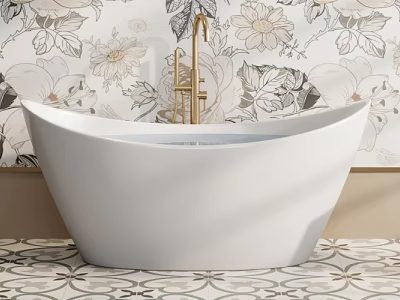 Luxurious Bathroom Interior With White Freestanding Bathtub Golden Faucet Floral Wallpaper And Patterned Floor Tiles 3d model