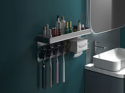 Modern Bathroom Sink Design With Teal Wall And Wall Mounted Shelf Holding Toiletries 3d model