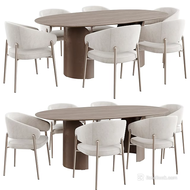 Modern Round and Oval Dining Table Set With Upholstered Chairs and Metal Legs Wooden Top 3d model 