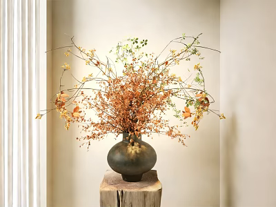Stylish Vase With Orange And Green Decorative Flowers On Wooden Stump In Light Room 3d model