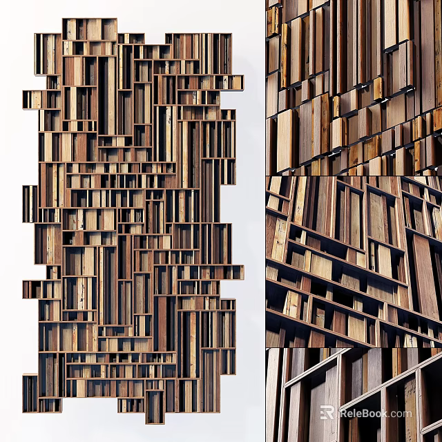 Modern Wooden Wall Decor With Geometric Block Arrangement And Shelf Design 3d model 