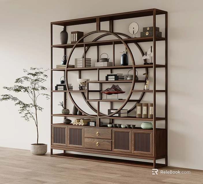 Chinese Style Wooden Display Shelf With Circular Design Vases Books Teacups And Green Plant 3d model 