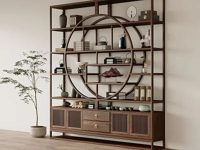 Chinese Style Wooden Display Shelf With Circular Design Vases Books Teacups And Green Plant 3d model
