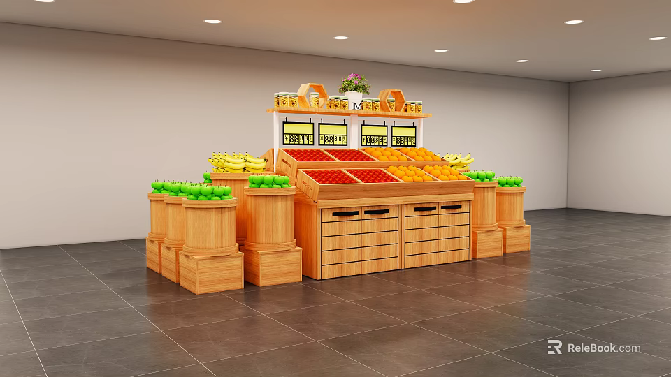 Supermarket Grocery Fresh Fruit Display With Wooden Shelves And Colorful Fruits Arrangement 3d model 