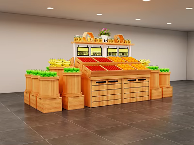 Supermarket Grocery Fresh Fruit Display With Wooden Shelves And Colorful Fruits Arrangement 3d model