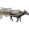 Traditional Wooden Cart Pulled By Buffalo With Classic Wheels And Simple Structure 3d model