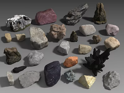 Decorative Natural Stone and Wood Pieces With Various Shapes and Colors 3d model
