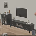 Black TV Stand Featuring Drawers And Glass Doors With TV Tall Cabinet And Decorative Items