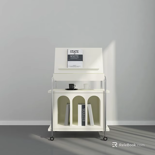 Modern White Console Cabinet Sideboard With Top Shelf Magazine Mugs And Arched Compartments Books 3d model 