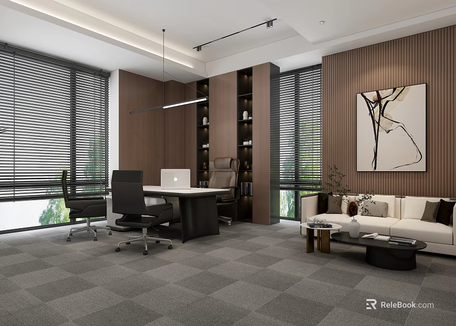 Modern Office Interior Design With Spacious Desk Sofa And Large Windows Blinds 3d model
