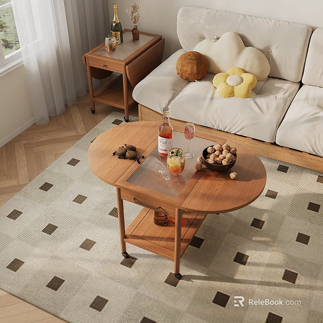 Round Wooden Coffee Table With Wine Bottle Glasses Nuts Sofa Pillows On Square Pattern Rug 3d model