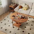 Round Wooden Coffee Table With Wine Bottle Glasses Nuts Sofa Pillows On Square Pattern Rug 3d model