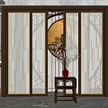 Sliding Doors with Circular Moon Design and Landscape Painting in Chinese Modern Style