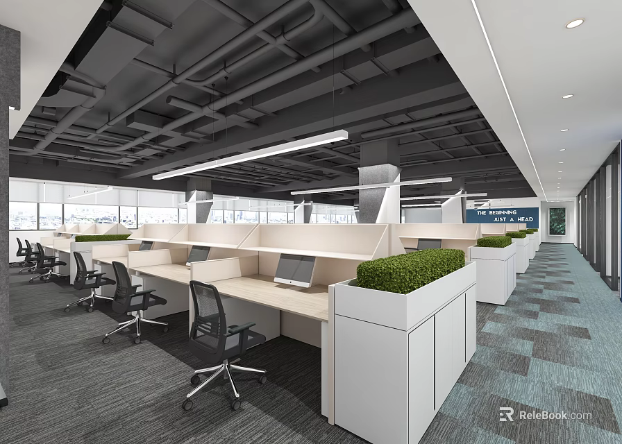 Modern Public Office Space With Open Workstations Black Chairs Green Plants And Natural Light 3d model 