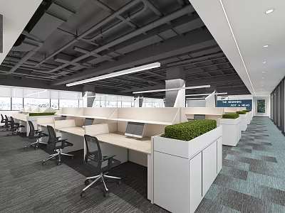 Modern Public Office Space With Open Workstations Black Chairs Green Plants And Natural Light 3d model
