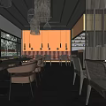 Elegant Restaurant Interior Featuring Hanging Chandeliers Orange Walls Wooden Accents And Warm Lighting