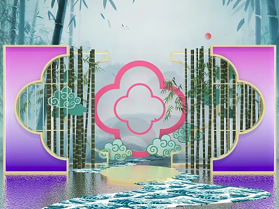 Chinese Style Photo Spot With Bamboo Lattice Frame Cloud Patterns And Water Reflection 3d model